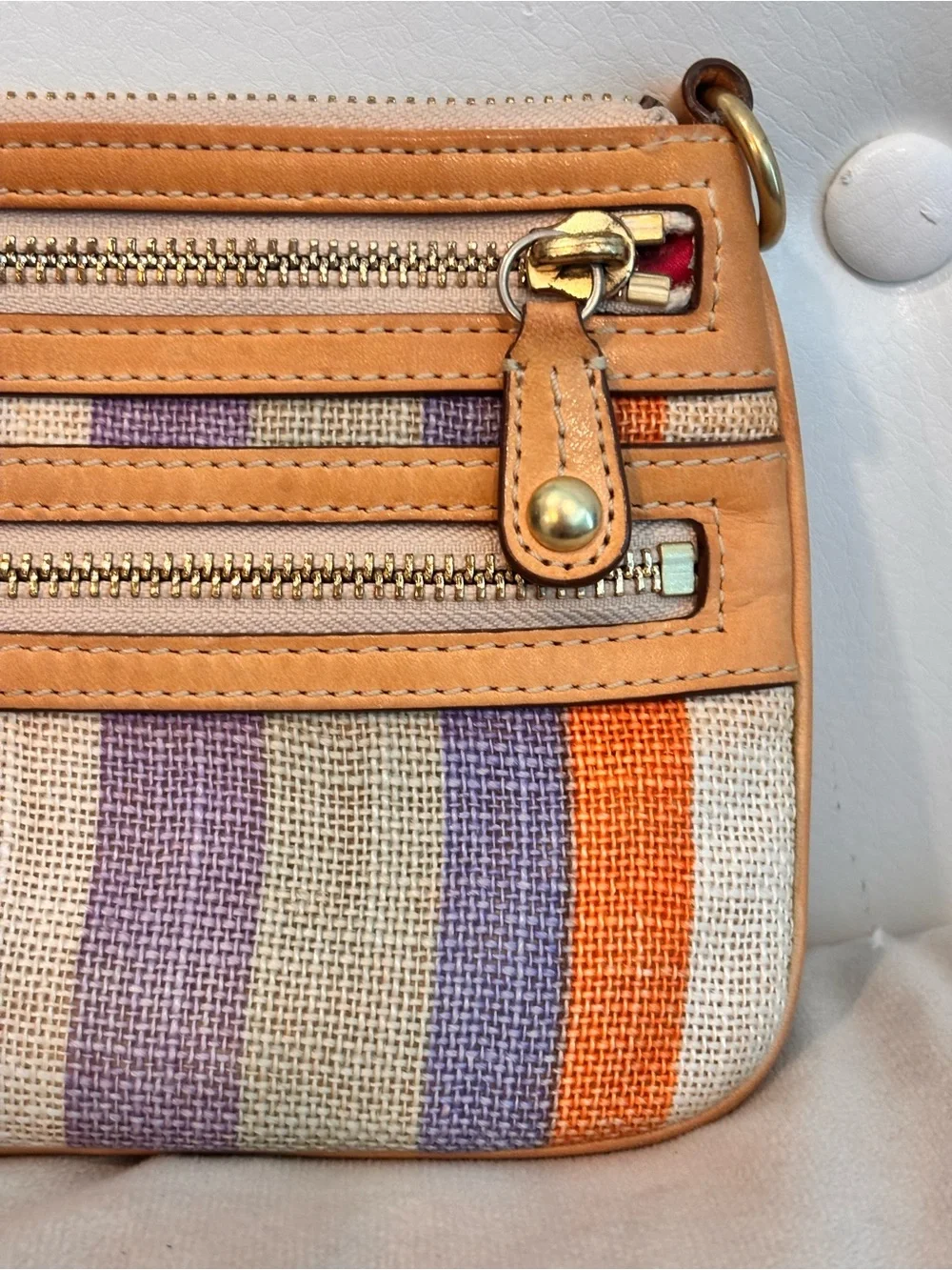 Coach Multicolor Striped Canvas & Leather Wristlet - Orange, Purple, Pink, Brown
